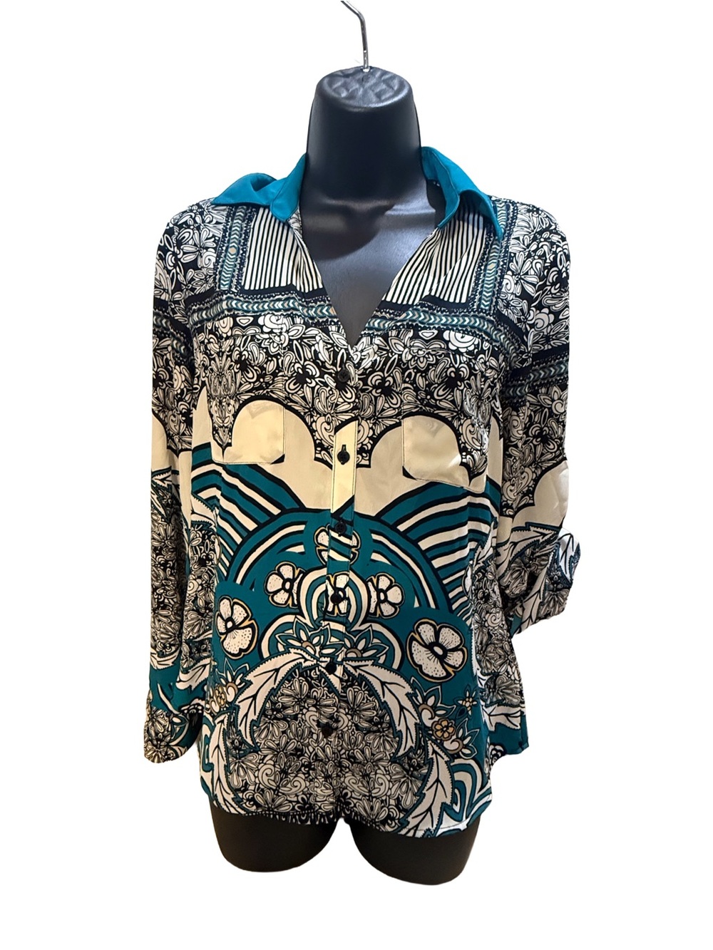 Express Teal, Black & White Printed Button-Down Shirt